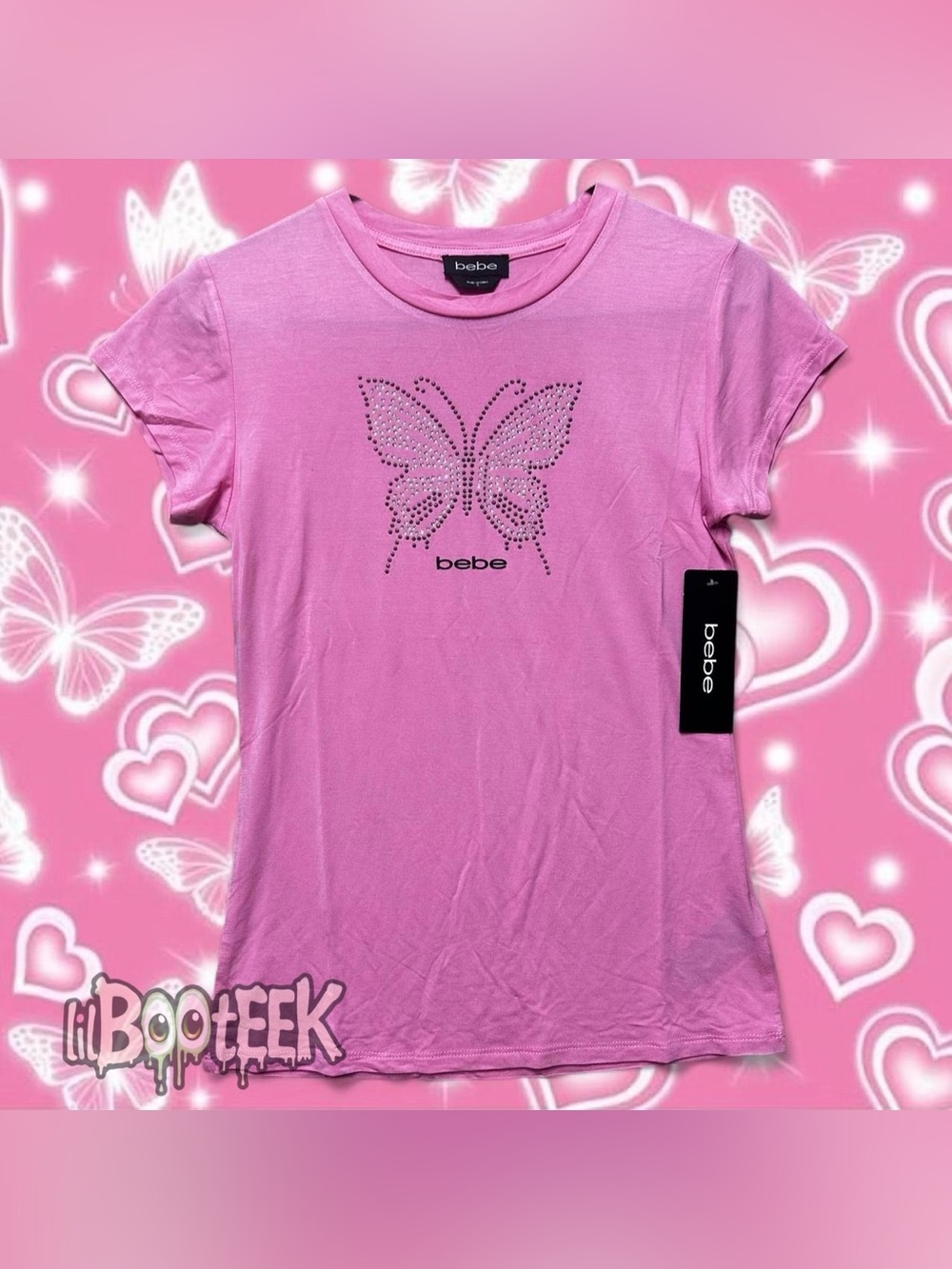 Bebe Ladies SM Bubblegum Pink Baby Tee w Rhinestone Butterfly Logo NWT Y2K